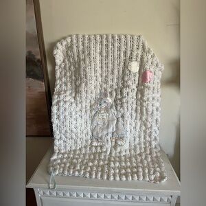 Handmade White Crocheted Baby Blanket with Clown Appliqué